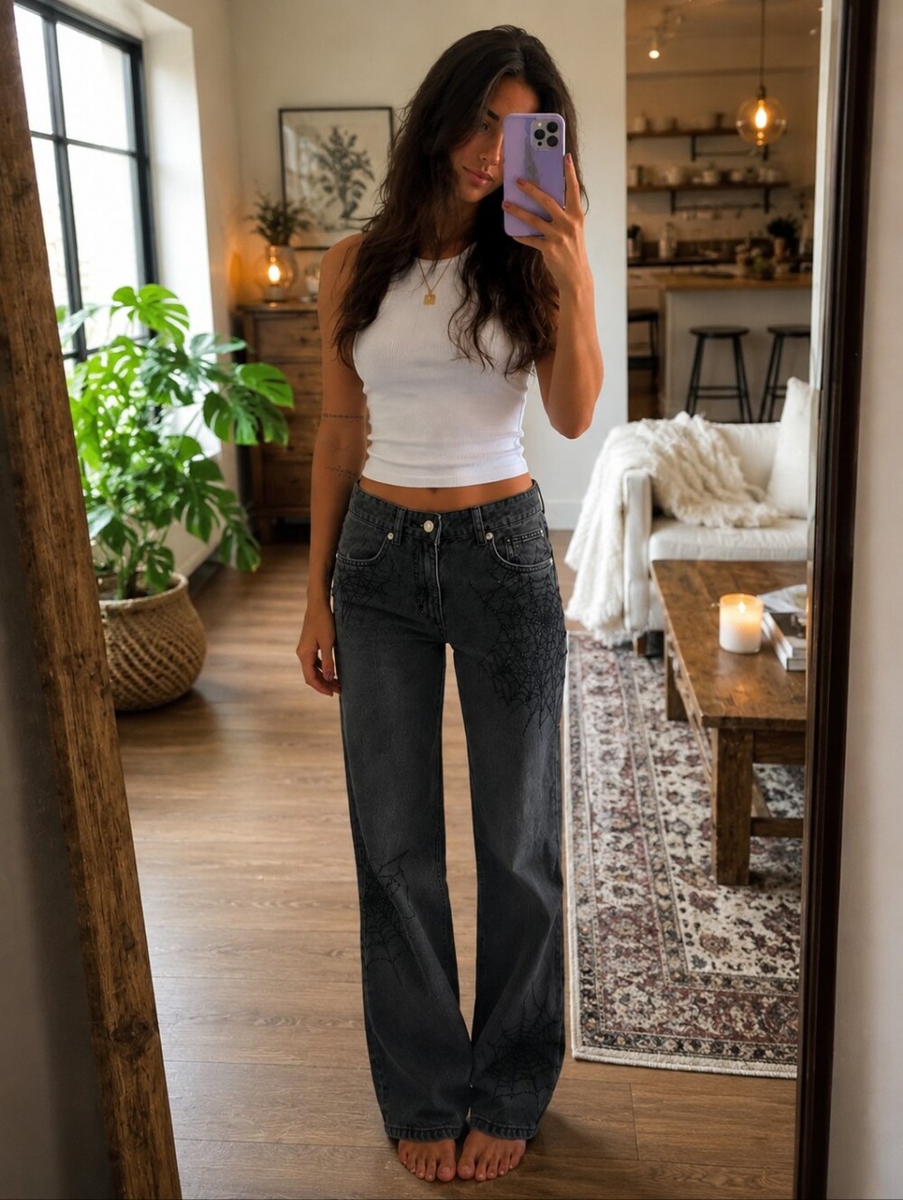 Zara Spiderweb TRF Rhinestone Mid-Rise Wide Leg Black Denim Jeans